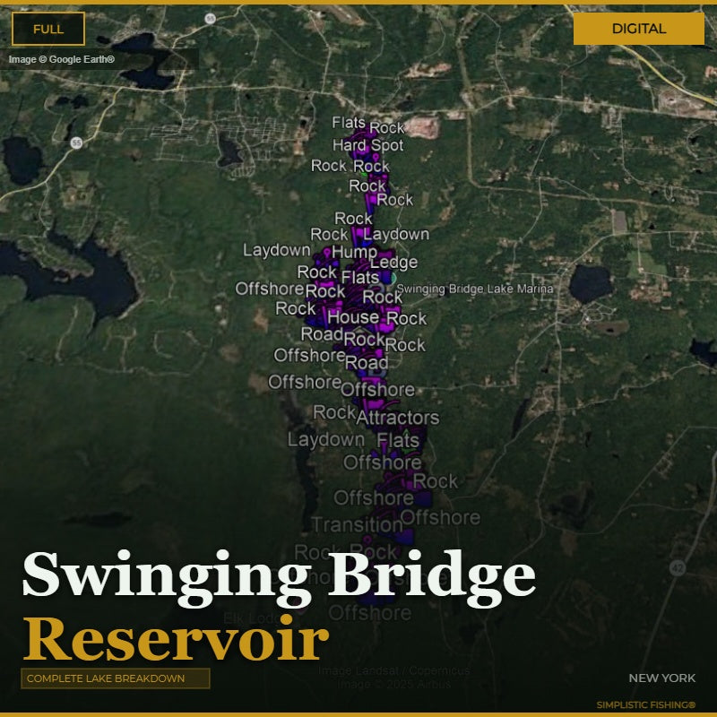 Map of Swinging Bridge Reservoir with fishing spots labeled on a digital display.