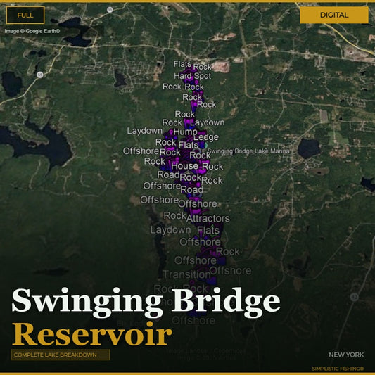 Map of Swinging Bridge Reservoir with fishing spots labeled on a digital display.