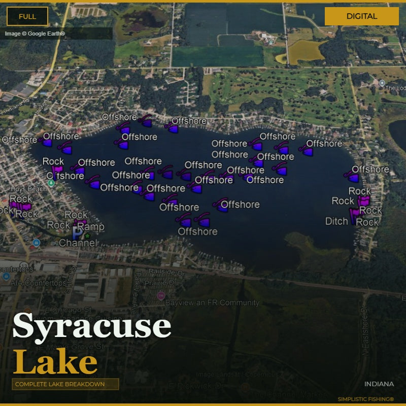 Map of Syracuse Lake with fishing spots marked on a digital interface
