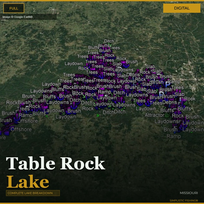 Map of Table Rock Lake with various fishing spots labeled on a digital interface.