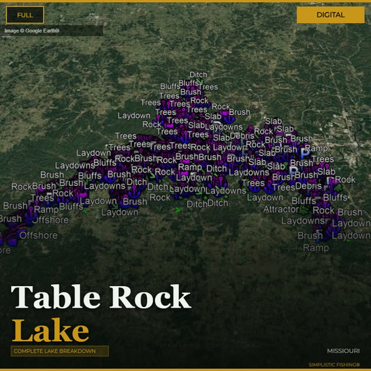 Map of Table Rock Lake with various fishing spots labeled on a digital interface.