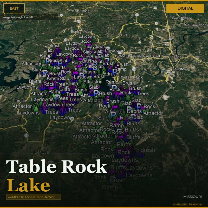 Map of Table Rock Lake with various fishing spots marked on a digital display.