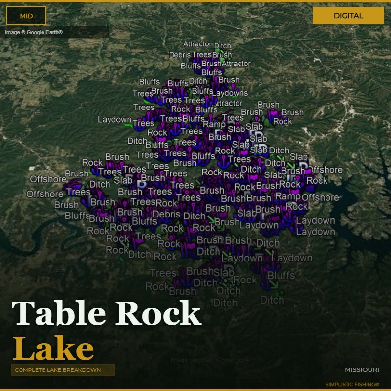 Map of Table Rock Lake with fishing feature markers on a digital background