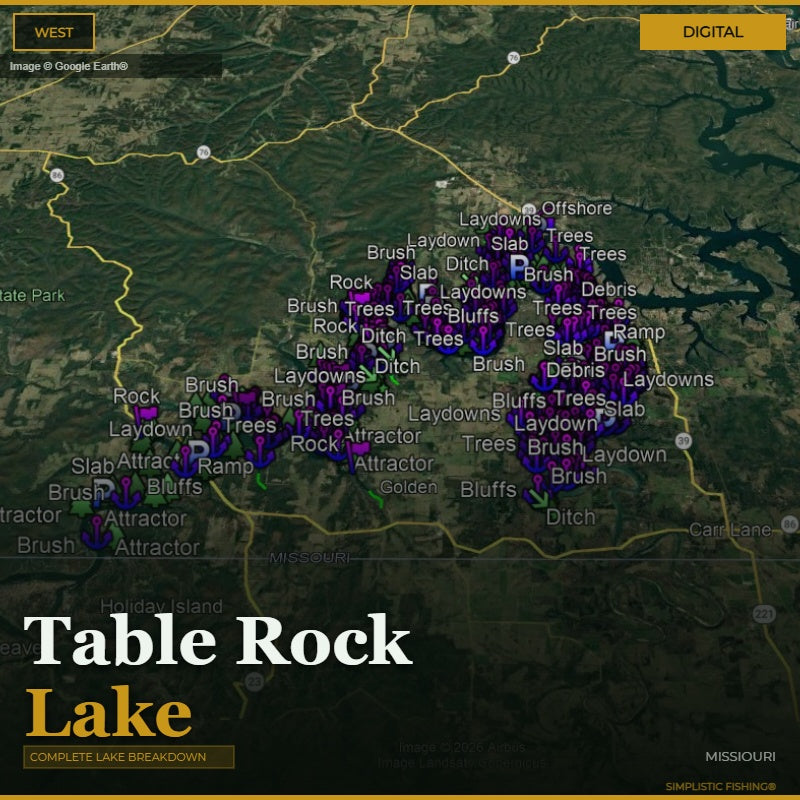 Map of Table Rock Lake with various markers indicating fishing spots.