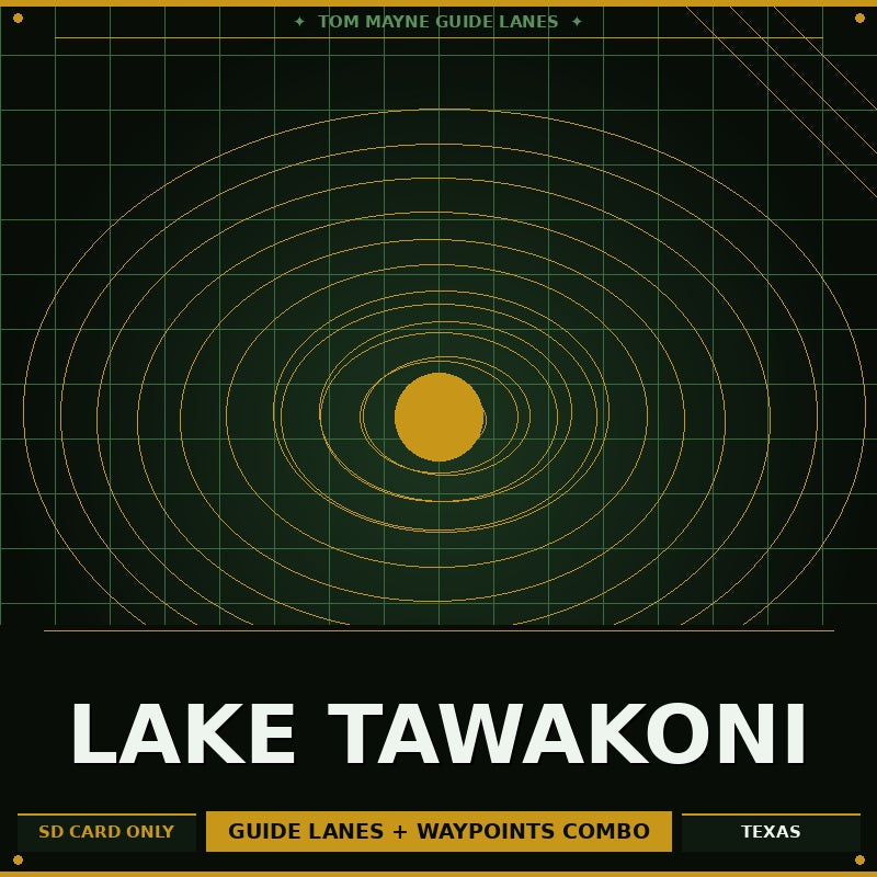 Lake Tawakoni guide lanes and waypoints combo on a green grid background