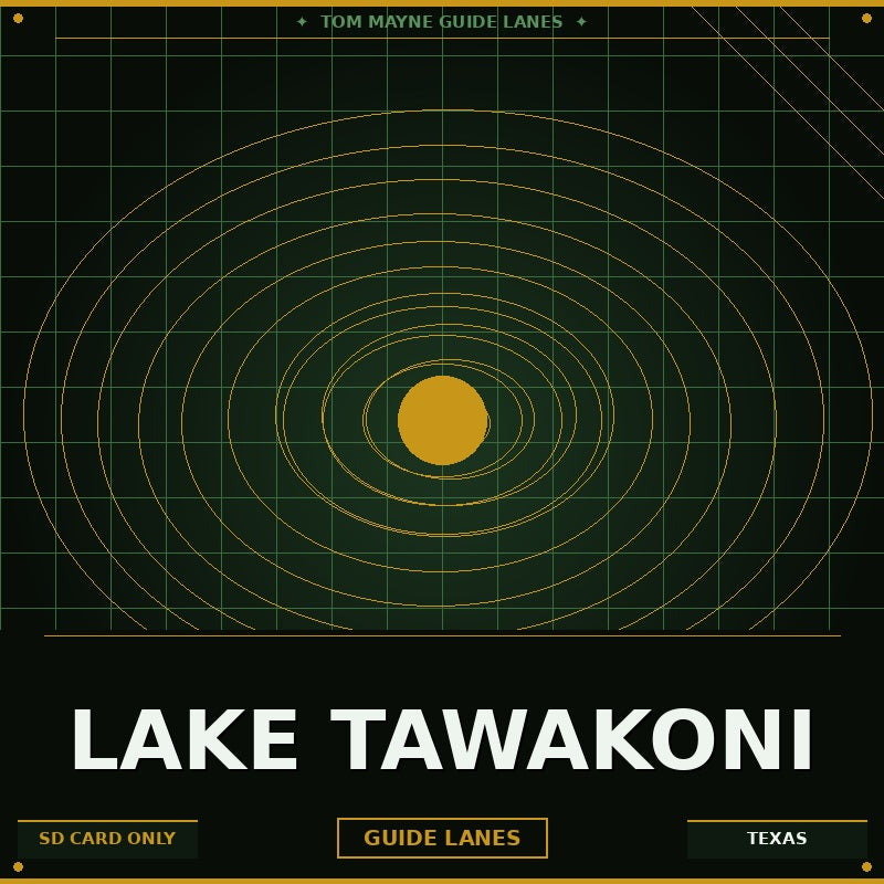 Lake Tawakoni guide lanes map with concentric circles and text on a dark background