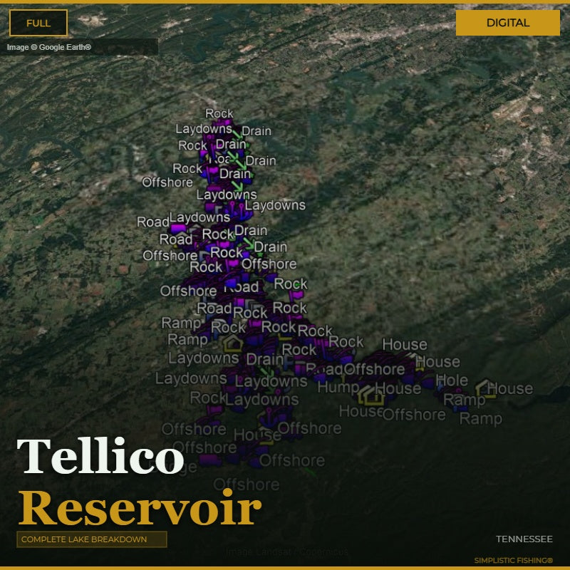 Map of Tellico Reservoir with labeled features on a digital display.