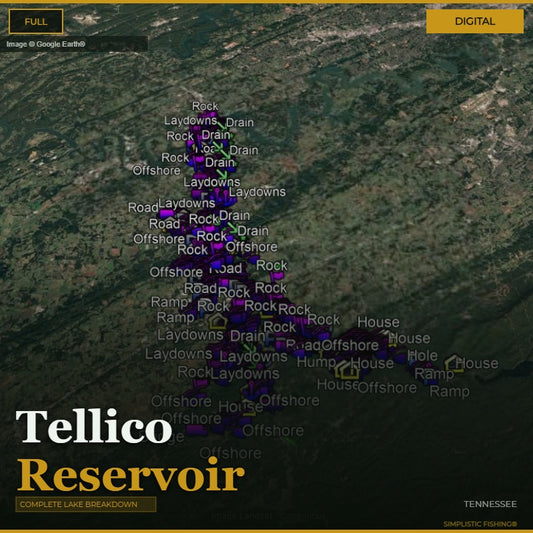 Map of Tellico Reservoir with labeled features on a digital display.