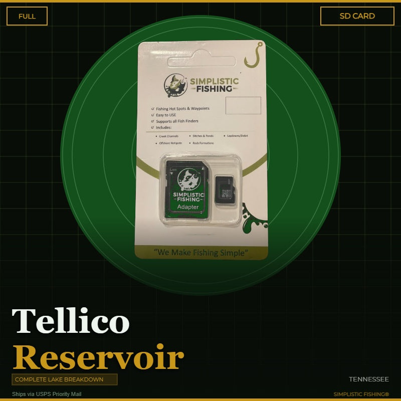 Packaged Simplistic Fishing product on a green circular background with 'Tellico Reservoir' text.