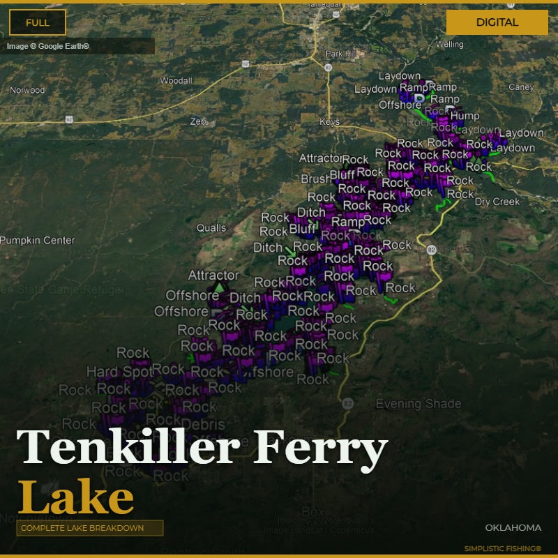 Map of Tenkiller Ferry Lake with fishing spots marked on a digital display.