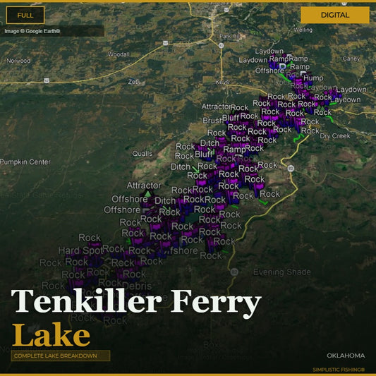 Map of Tenkiller Ferry Lake with fishing spots marked on a digital display.
