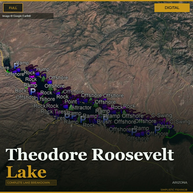 Map of Theodore Roosevelt Lake with various fishing spots labeled on a digital display.