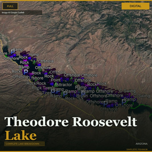 Map of Theodore Roosevelt Lake with various fishing spots labeled on a digital display.
