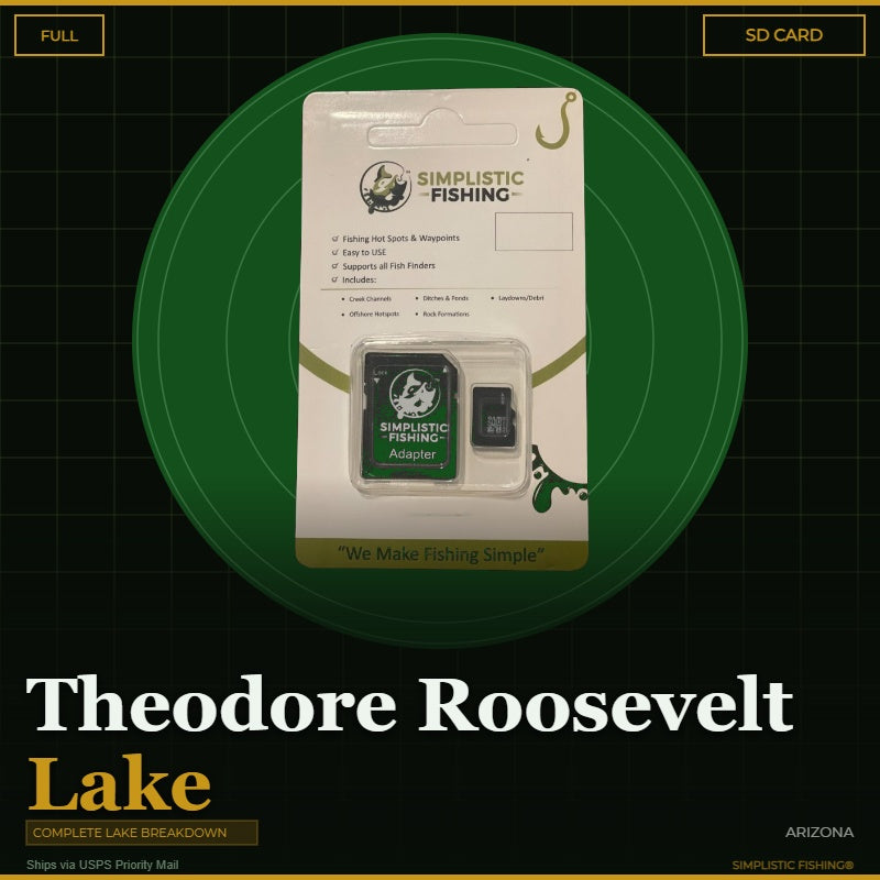 Product packaging for Simplistic Fishing on a green and black background with 'Theodore Roosevelt Lake' text.