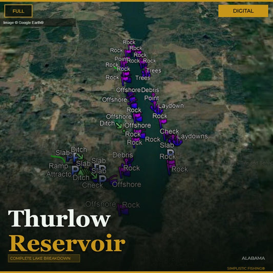 Map of Thurlow Reservoir with labeled features on a digital display.