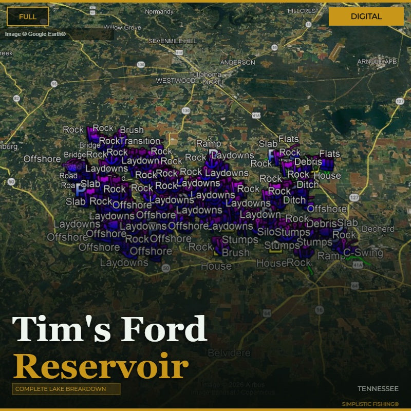 Map of Tim's Ford Reservoir with fishing spots marked on a digital display.