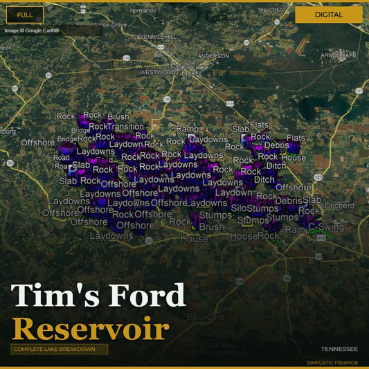 Map of Tim's Ford Reservoir with fishing spots marked on a digital display.