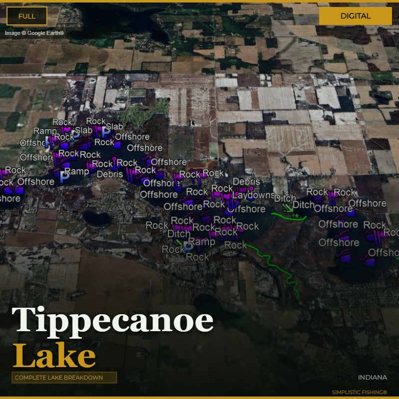 Map of Tippecanoe Lake with fishing spots marked on a digital display.