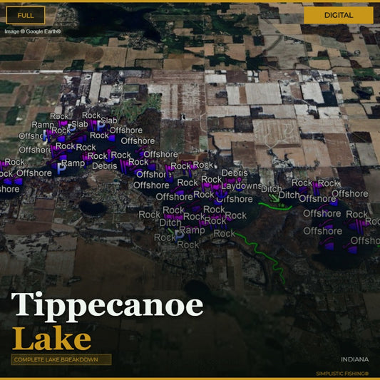 Map of Tippecanoe Lake with fishing spots marked on a digital display.