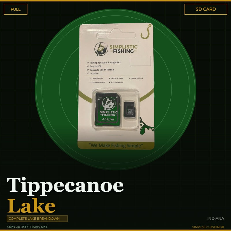 Packaging of Simplistic Fishing products on a green and black background with 'Tippecanoe Lake' text.
