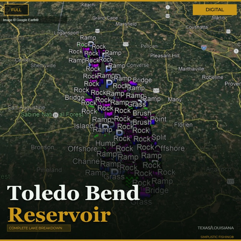 Map of Toledo Bend Reservoir with various fishing spots marked on a digital interface.