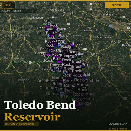 Map of Toledo Bend Reservoir with various fishing spots marked on a digital interface.