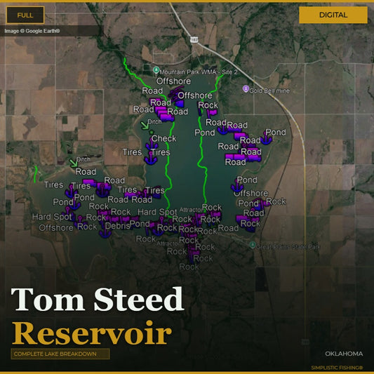 Map of Tom Steed Reservoir, Oklahoma with bass fishing waypoints and structure labeled on a digital display.