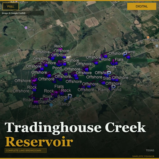 Map of Tradinghouse Creek Reservoir with various fishing spots marked on a digital display.