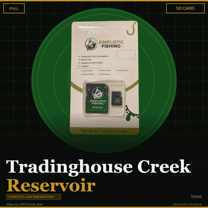 Product packaging for Simplistic Fishing on a green circle with text about Tradinghouse Creek Reservoir.