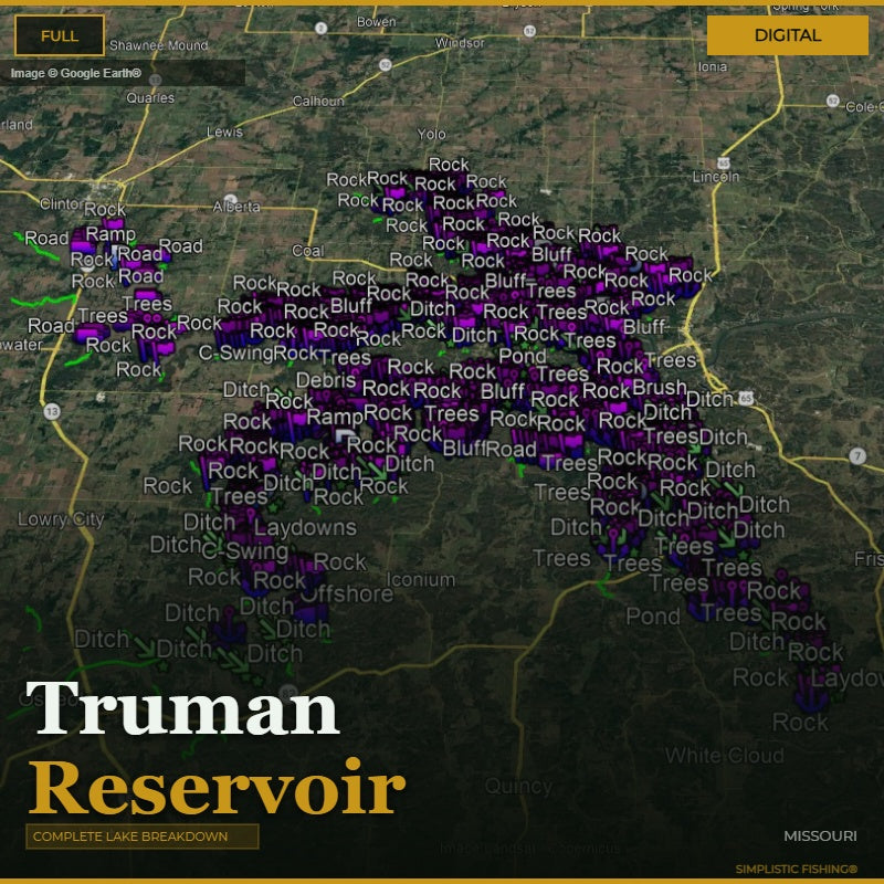 Map of Truman Reservoir with labeled features and roads.