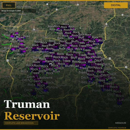 Map of Truman Reservoir with labeled features and roads.