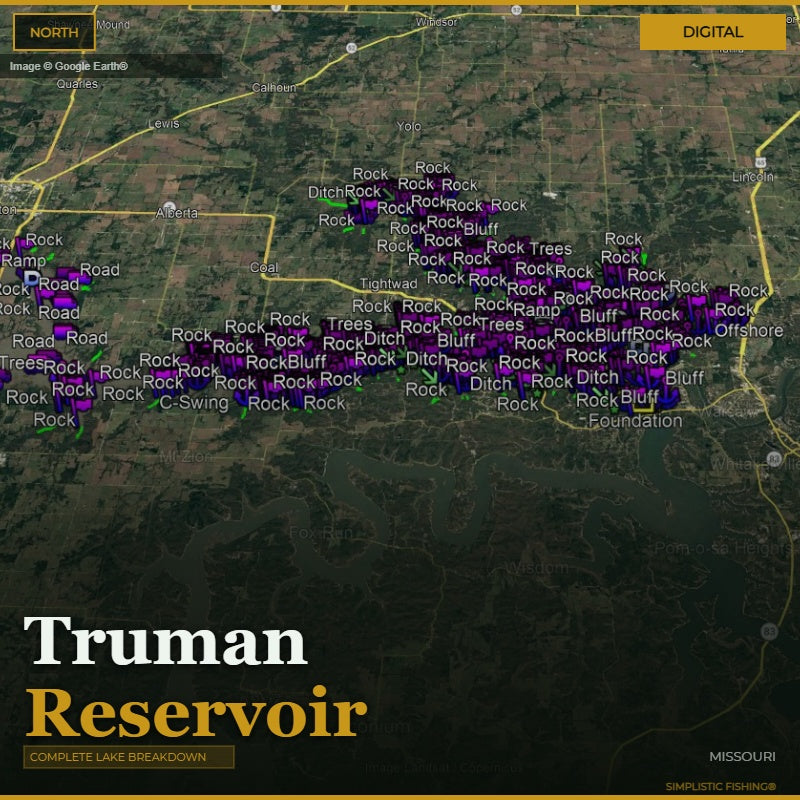 Map of Truman Reservoir with various labels and a digital overlay