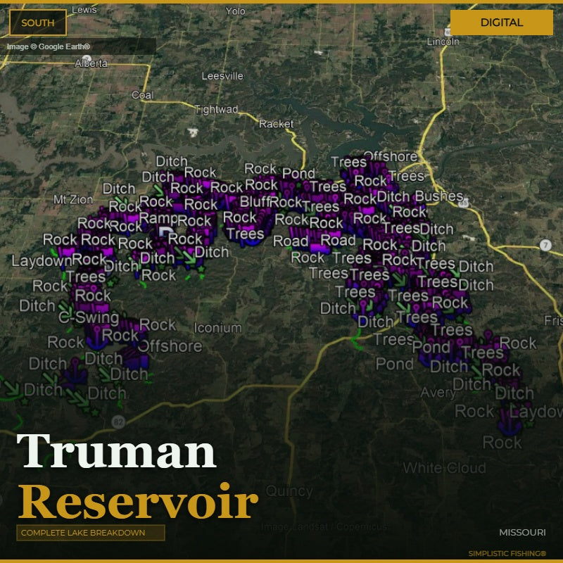 Map of Truman Reservoir with labeled features on a digital display.