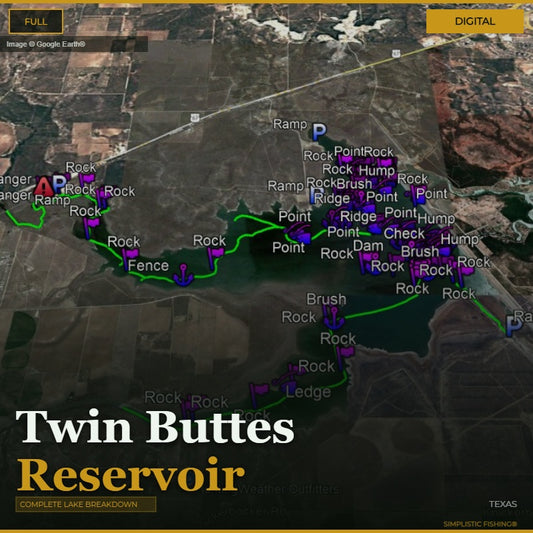 Map of Twin Buttes Reservoir with labeled points and routes on a digital display.