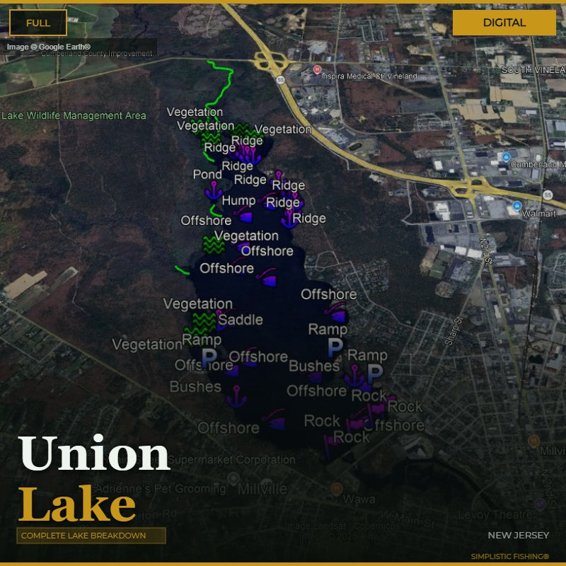 Map of Union Lake with various features labeled on a digital interface.