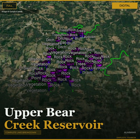 Map of Upper Bear Creek Reservoir with labels and a digital overlay