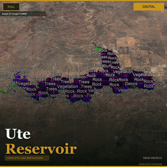 Map of Ute Reservoir with labels for rock, trees, vegetation, and other features on a digital background.