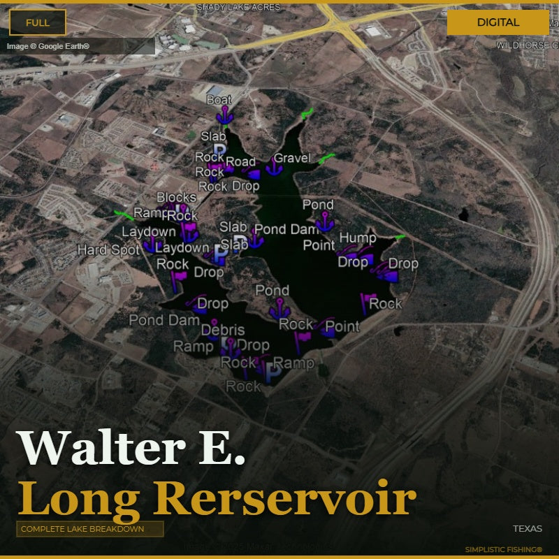 Map of Walter E. Long Reservoir with various points labeled on a digital display.