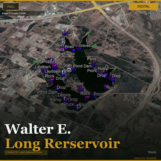 Map of Walter E. Long Reservoir with various points labeled on a digital display.