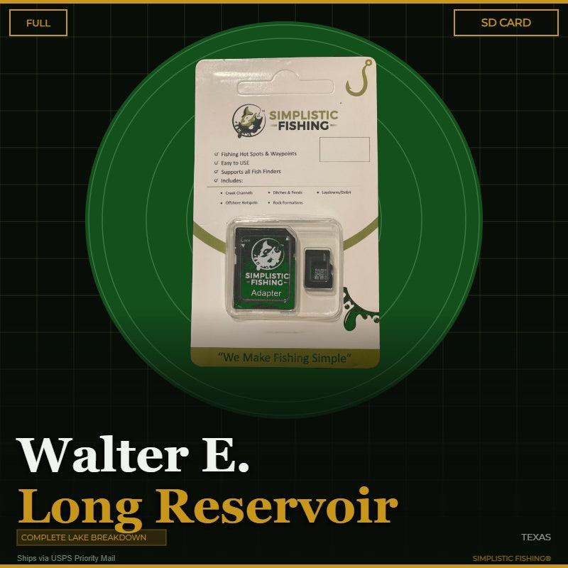 Packaging of Simplistic Fishing product with text 'Walter E. Long Reservoir, Texas' on a green circular background.