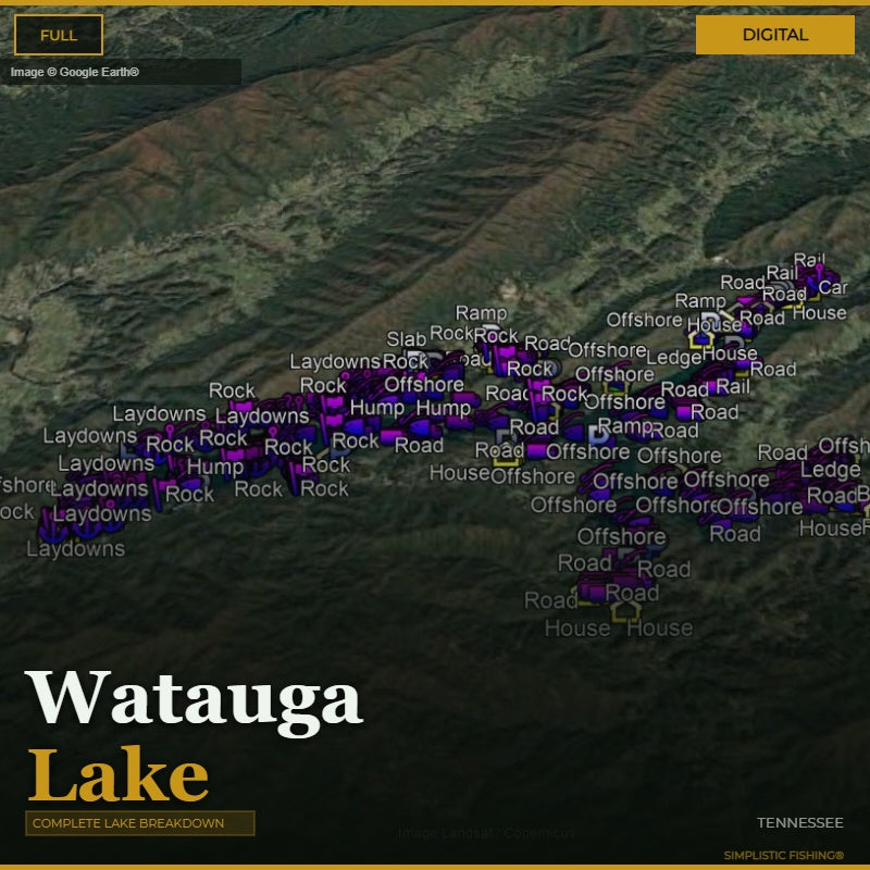 Map of Watauga Lake with various fishing spots labeled on a digital display.