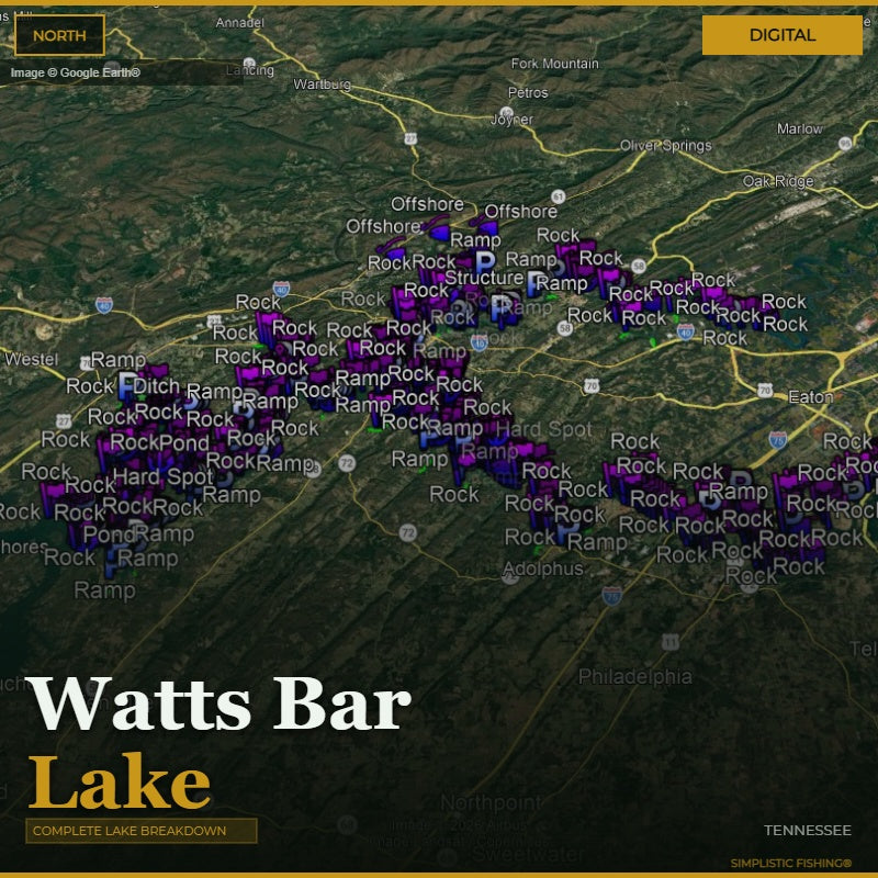 Map of Watts Bar Lake with various fishing spots labeled on a digital interface.