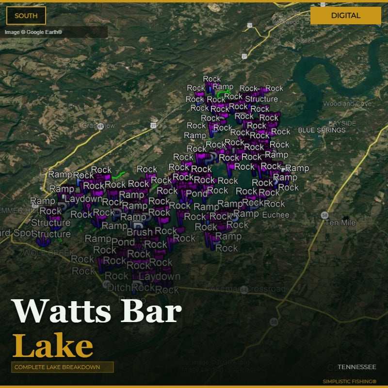 Map of Watts Bar Lake with various fishing spots labeled on a digital interface.