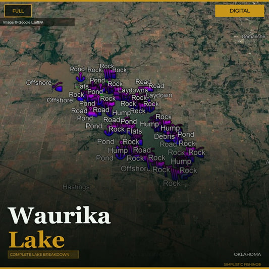 Map of Waurika Lake with fishing spots labeled on a digital display.