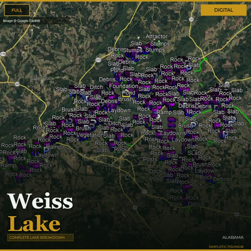 Map of Weiss Lake with various markers indicating different types of rock formations.