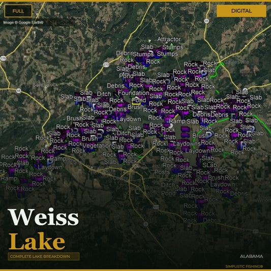 Map of Weiss Lake with various markers indicating different types of rock formations.