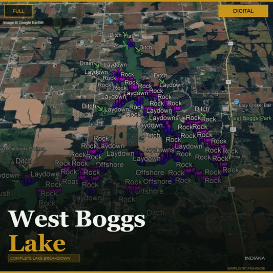 Map of West Boggs Lake with fishing spots marked on a digital display.