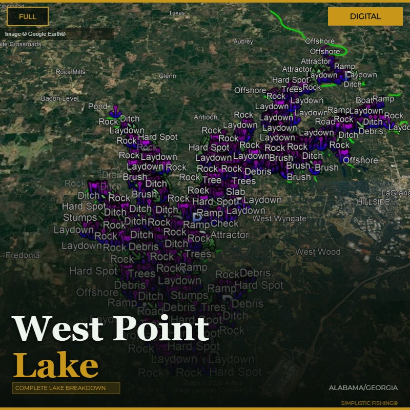 Map of West Point Lake with various fishing spots labeled on a digital interface.