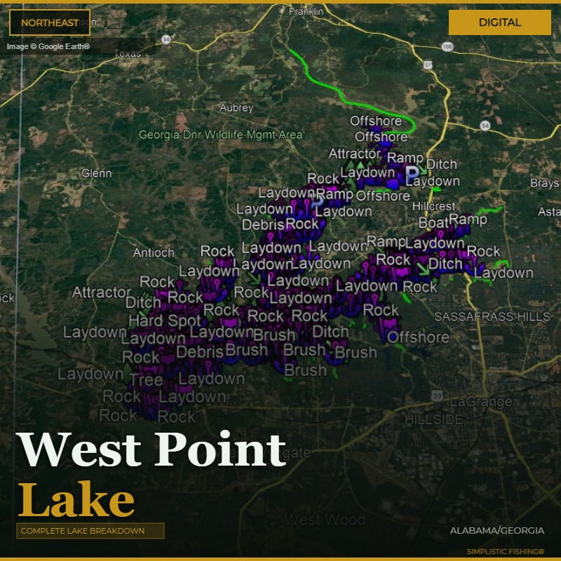 Map of West Point Lake with various fishing spots labeled on a digital display.