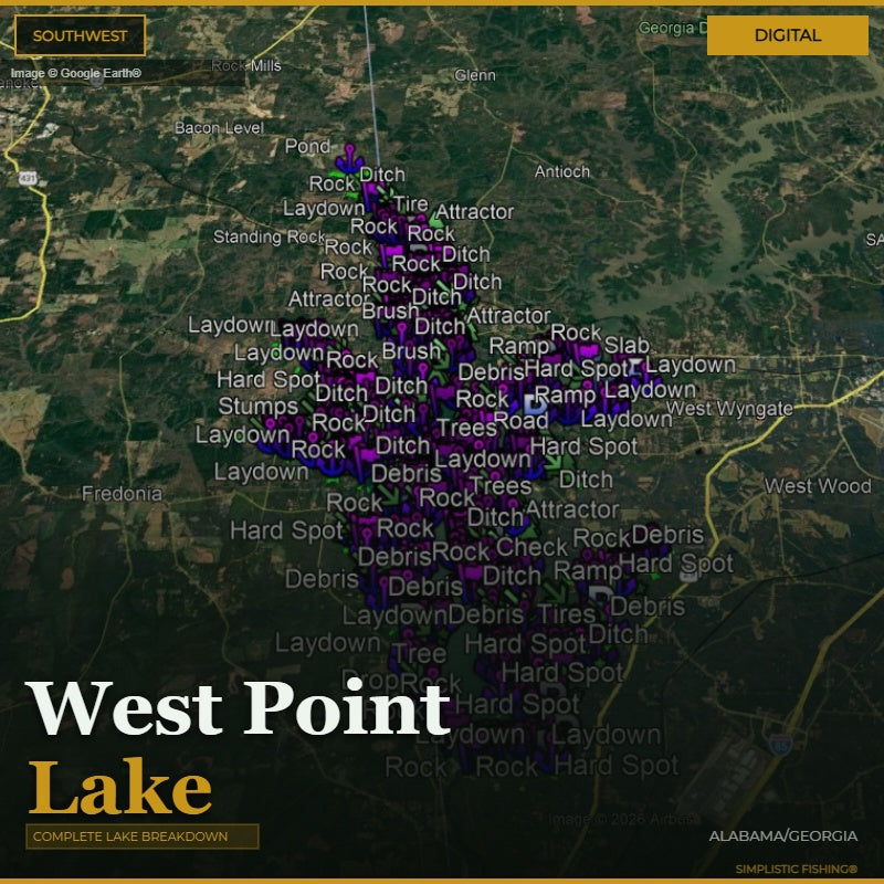 Map of West Point Lake with various fishing spots labeled on a digital display.